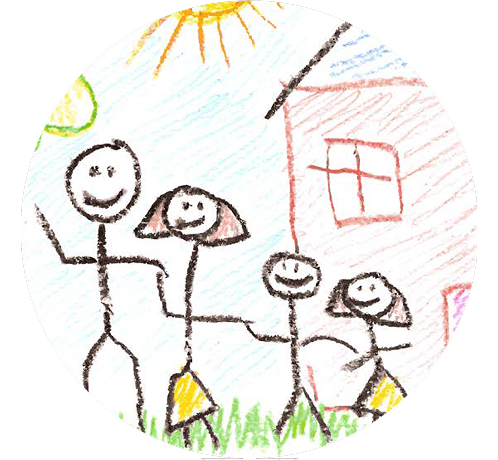 Children artwork of family standing outside of a house