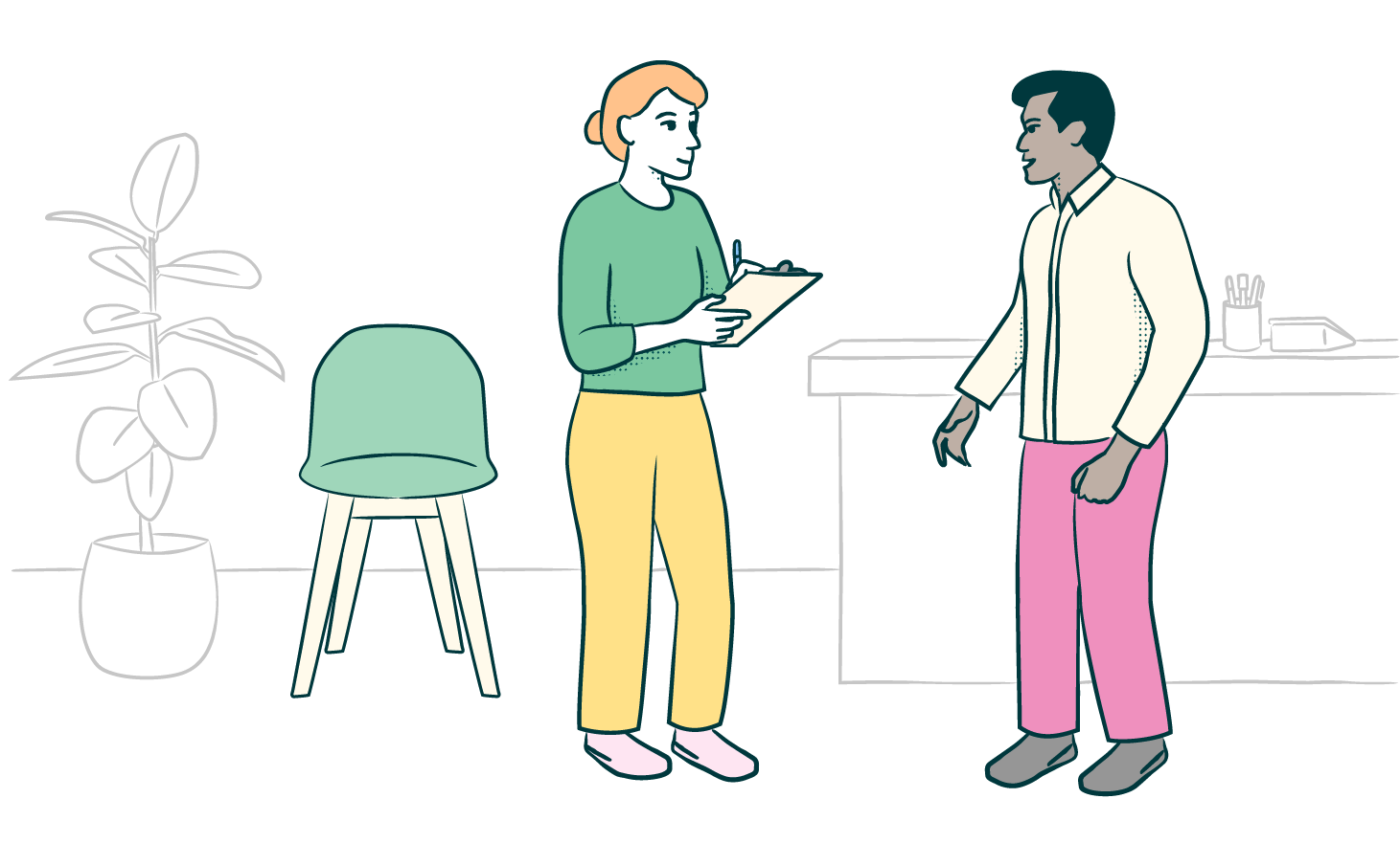 Illustration of woman with clipboard talking to a patient 
