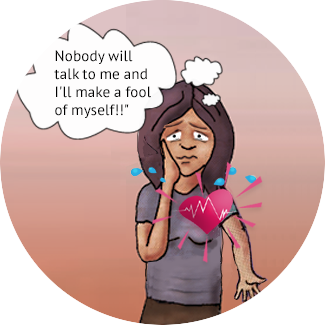 Suzy goes on to think, “Nobody will talk to me and I’ll make a fool of myself!!” Her heart starts pounding and she starts to sweat.