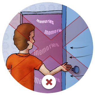 Image: A character is closing a door, behind which are the words ‘memories’ floating around, and there is a big red cross over the situation.