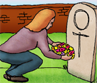 Image: A character lays flowers at a headstone