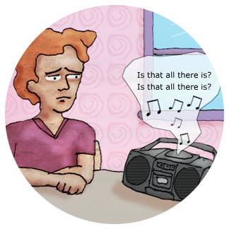 Image: A character is listening to a cd playing a song with the lyrics, “Is that all there is?… Is that all there is?”