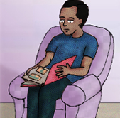 Image: A character reminisces over photographs.