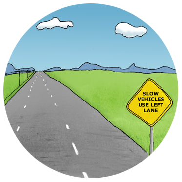Image: A three-lane highway with a traffic sign saying ‘slow vehicles use left lane’.