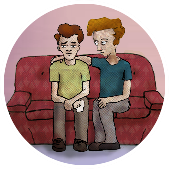 Image: One character has their arm around another character who is looking sad.