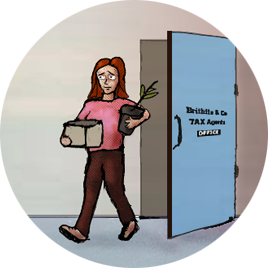 Image: A character is leaving the office with a potplant and an archive box under
     her arm.