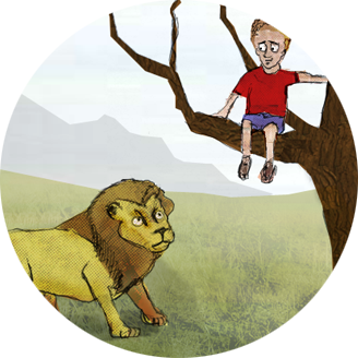 Image: A character is looking very fearful – stuck up a tree with a lion roaring up at him!