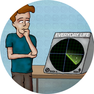 Image: A character is looking
    into a radar scanner labelled ‘everyday life’.