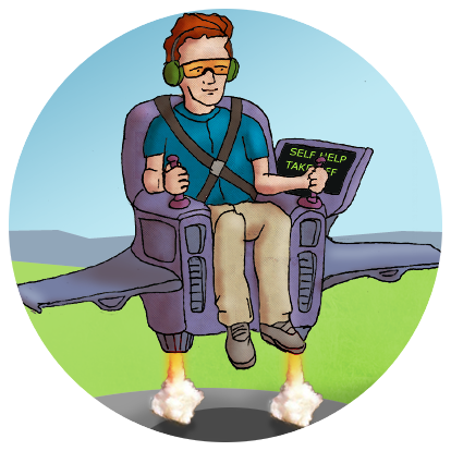 A young man is 'taking-off' in a rocket-powered chair which displays 'self-help take-off' in its console.