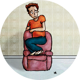 Image: A character has jumped up on a chair is looking very fearful of a spider on the floor.