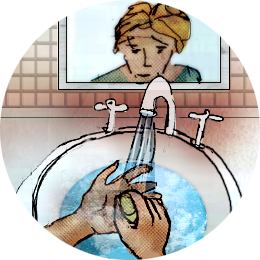 Image: A character is repeatedly washing her hands in a basin.